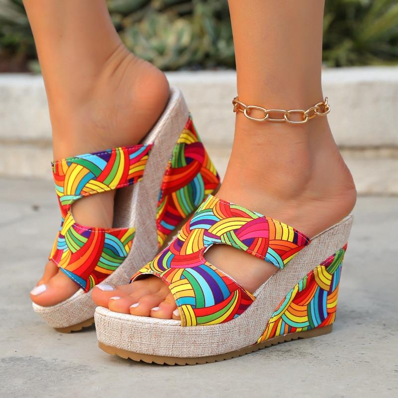 New Summer Colorful Print Wedge Fashion Platform Peep‑Toe High‑Heel Beach Casual Vacation Slide Slippers