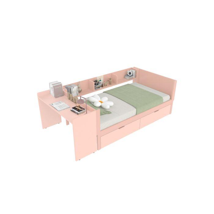 Lit simple - Bois - 90x200 cm - Rose - Avec bureau - 2 tiroirs de rangement