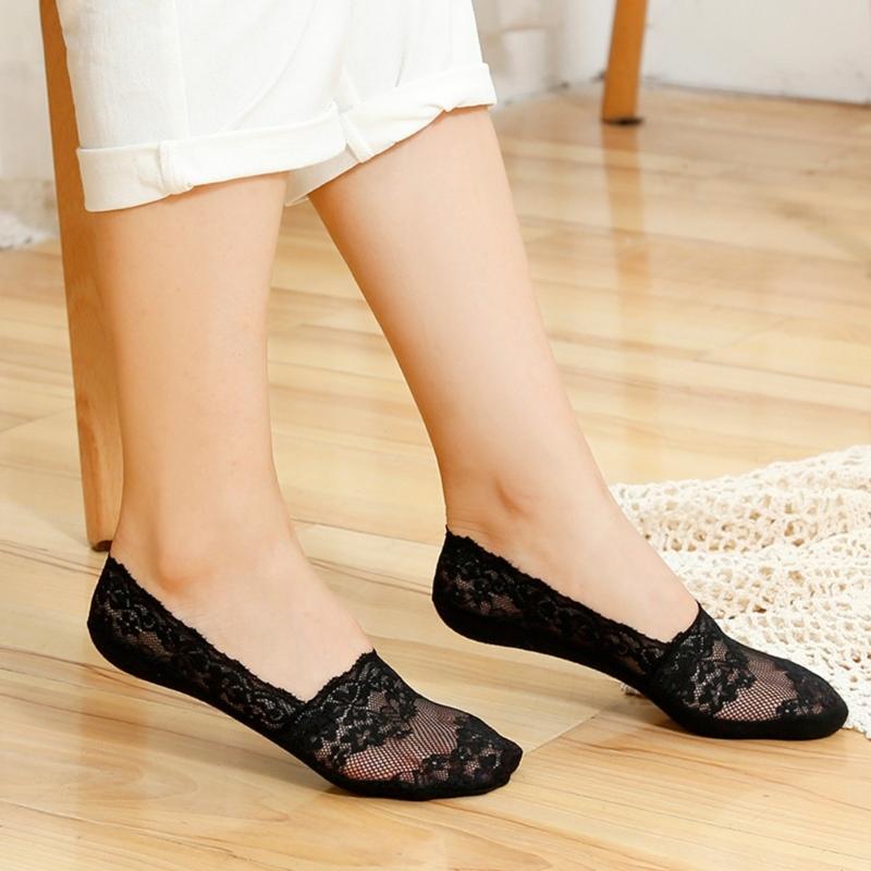 5 Pairs Breathable Ice Silk Invisible Socks For Women Antislip Lace Low Cut Socks Casual Shoes Accessories