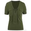 Women S Casual Short Sleeve V Neck Lace Up Solid Color T Shirt