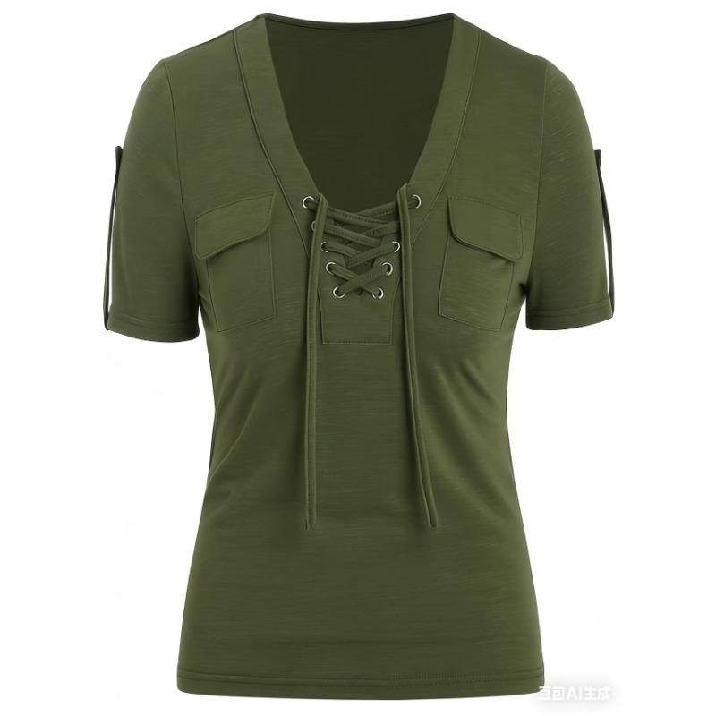 Women S Casual Short Sleeve V Neck Lace Up Solid Color T Shirt