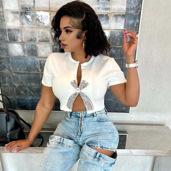 Summer Sexy Cropped Tops Bow Hot Drill Decor Navel Exposed Slit Design Tee Shirt Women Short