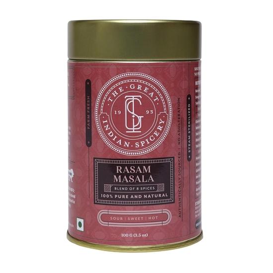 

Великая индийская лавка специй | Масала для расама - Жестяная банка 100 г | Стерилизация паром, Фермерская свежесть, Аутентичная смесь 8 специй, Без примесей, Без консервантов