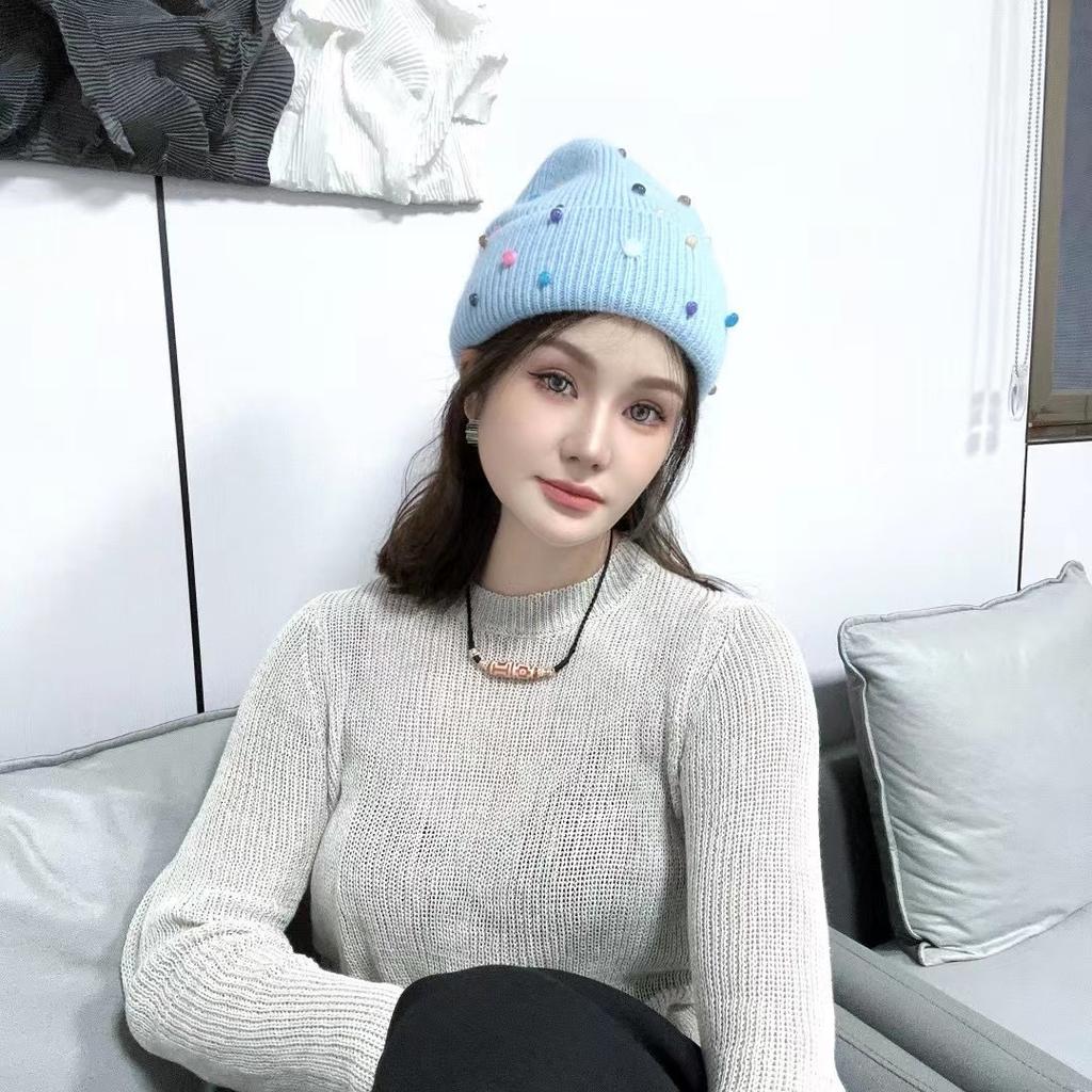 New Rabbit Hair Handmade Colorful Pearl Wool Hat Men and Women Outdoor Warm Personality Street Knitted Head Cold Hat