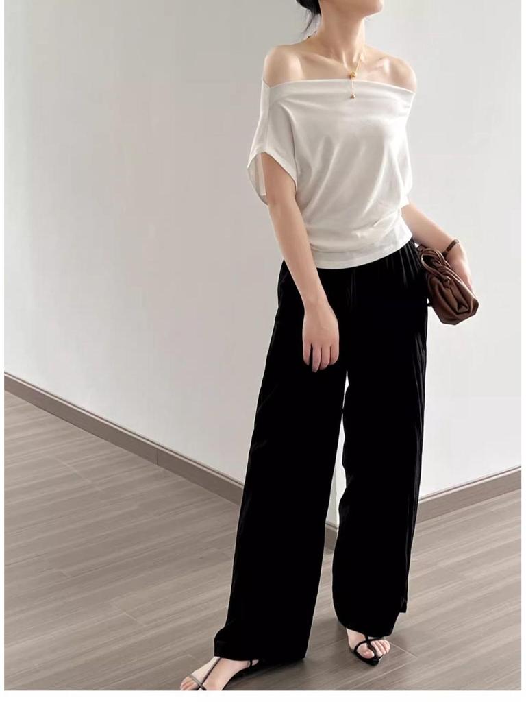 Damen Sommer Asymmetrisches Off-Shoulder Wasserfallkragen Modals Baumwoll T-Shirt