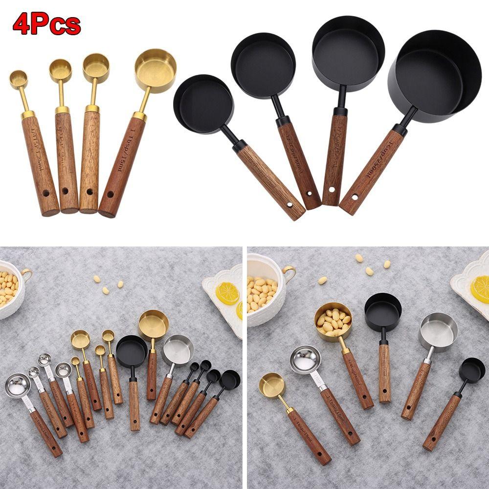 4 Pezzi Cucchiaio Dosatore Caffè con Manico in Legno Oro Argento Strumento per Cottura Gelato Zucchero Sale Spezie