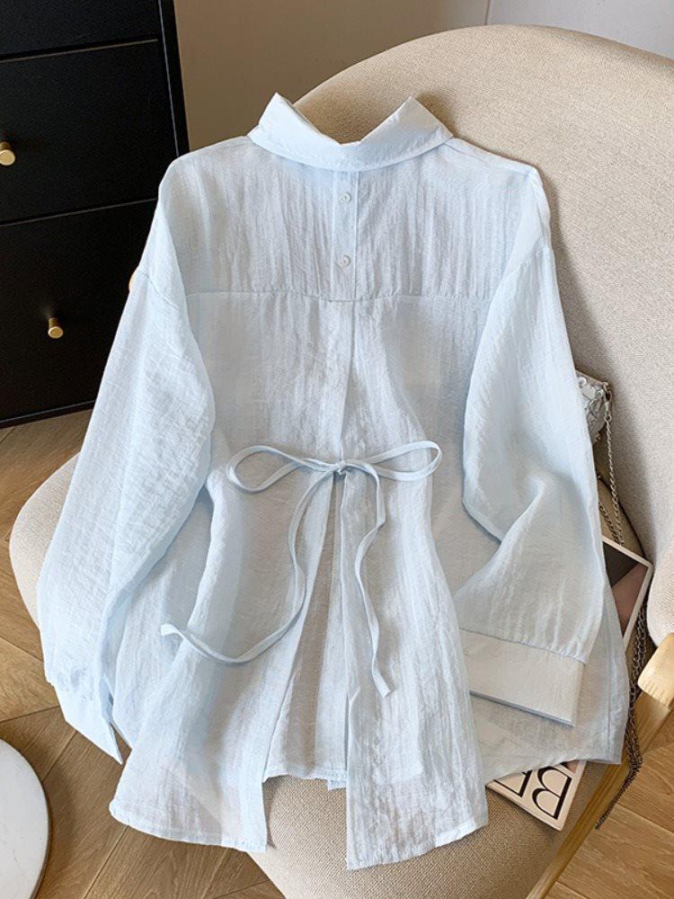 Women's Blue Ice Silk Sun Protection Cardigan - 2025 Summer Back Tie Jacket