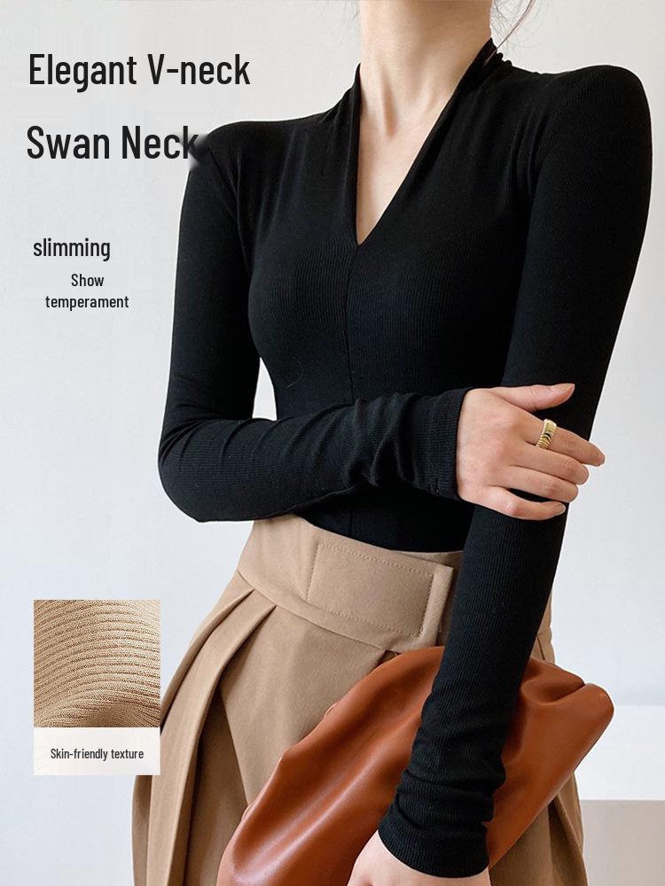 Würziges Mädchen Schlankmachendes V-Ausschnitt Langarm-Oberteil für Damen - Herbst/Winter-Kollektion 2025.