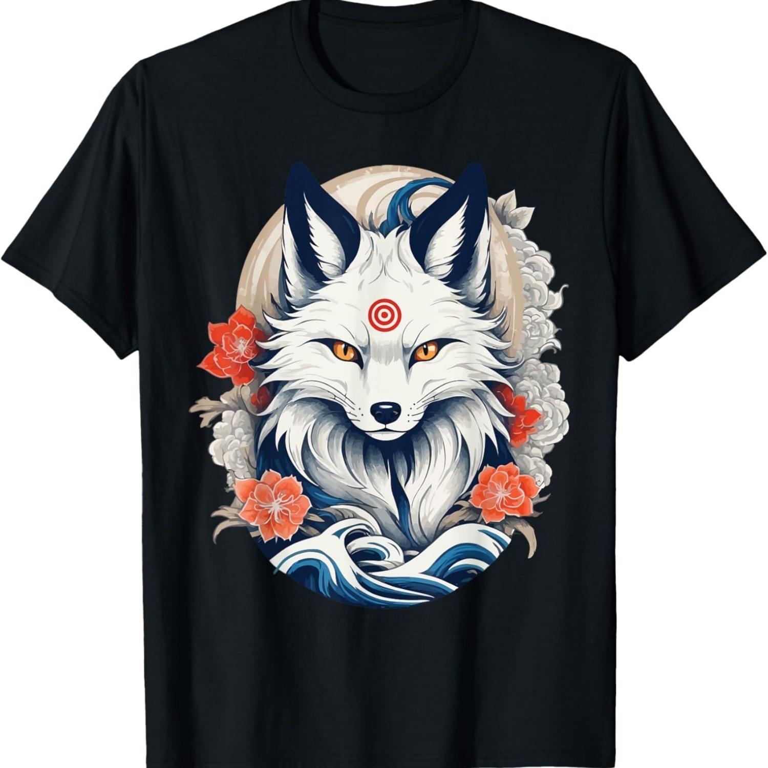 White Kitsune Fox Japan Fox Spirit Cherry Blossoms T-Shirt S чёрный