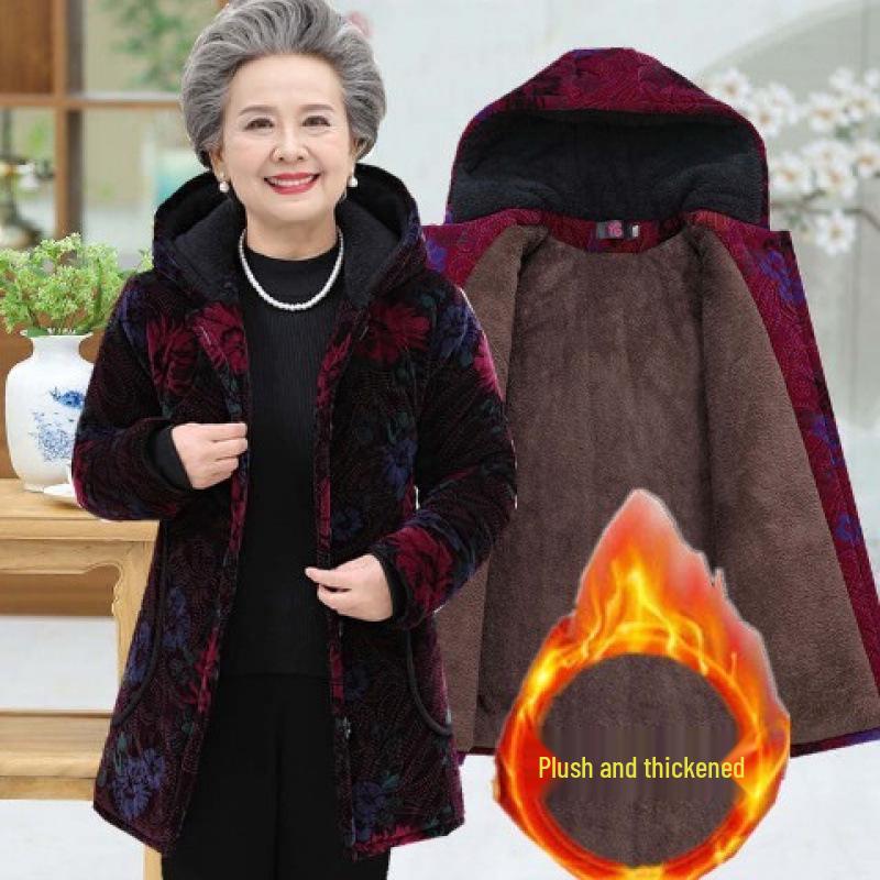 Elderly Women's Cotton-Padded Winter Jacket - Thickened Velvet Coat for 70-Year-Olds