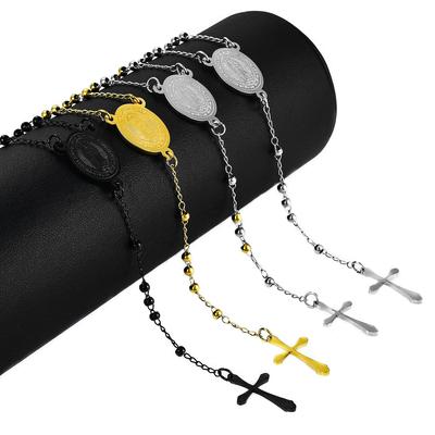 Stainless Steel Rosary Necklace for Men Women Religious Ball Beads Chain Christian Coin Cross Pendant Jesus Jewelry Accessories
