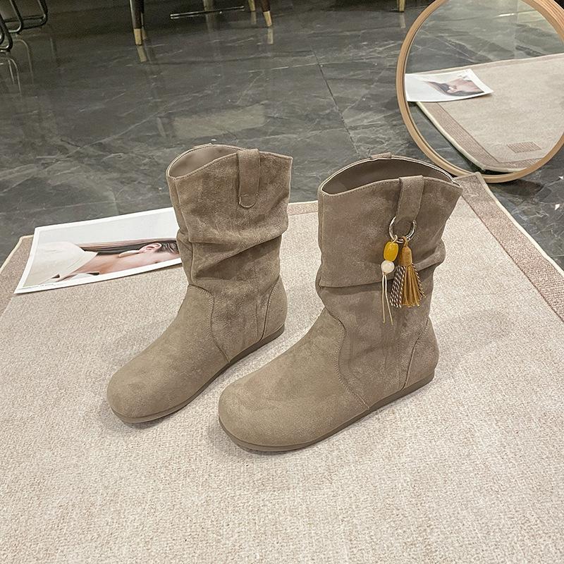 

Retro ethnic small pendant small short boots women s 2025 new autumn and winter sleeve round head stacking boots slim short boots 35 хаки