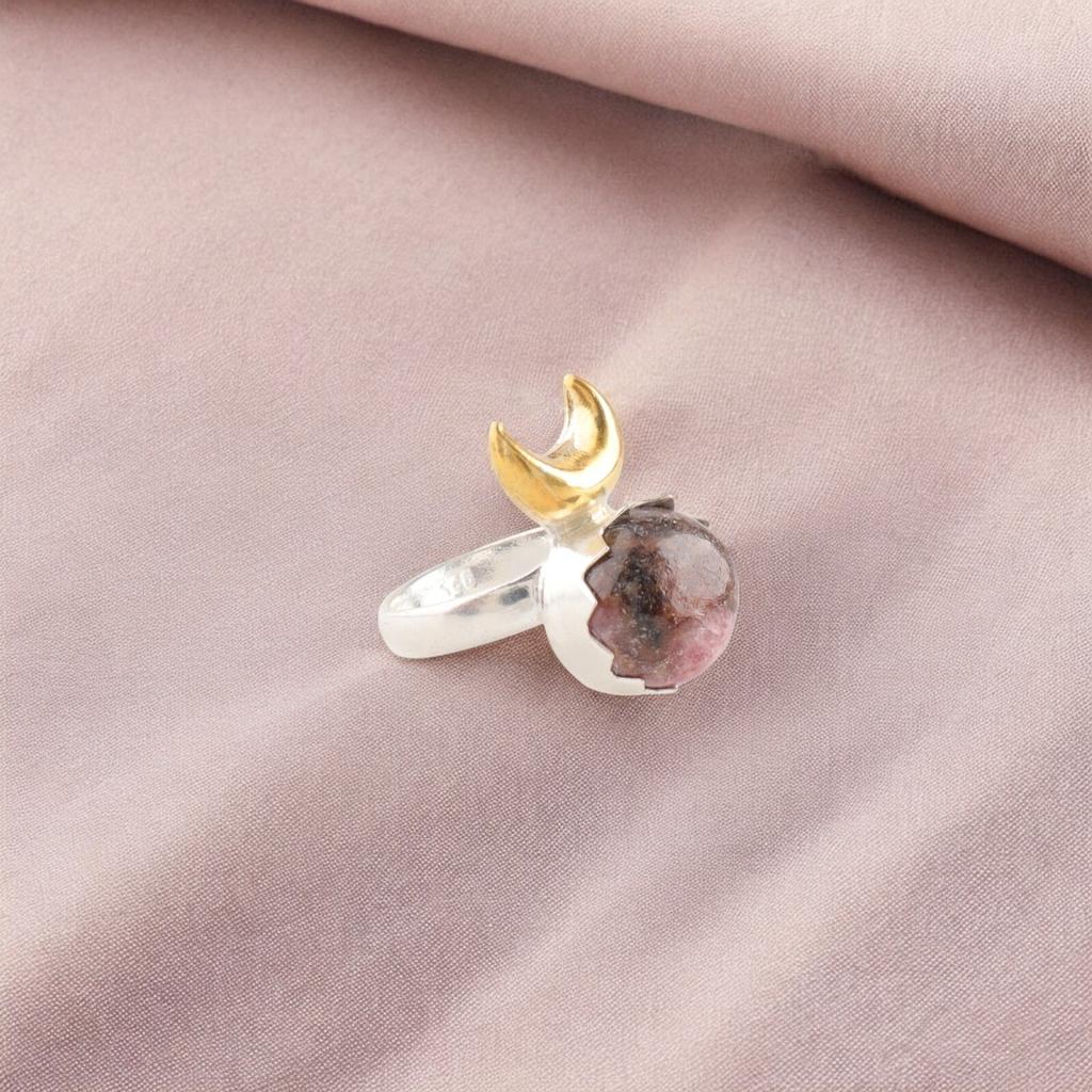 Black Rhodonite Gemstone 925 Sterling Silver Jewelry Handcrafted Two Tone Ring RR-58-33