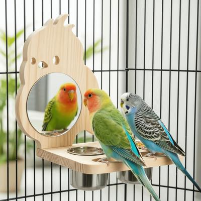Wooden Platform Bird Mirror Feeder Removable Stainless Steel Dish Hanging Feeding Cup with Mirror Double Cup Parrot Feeder Bowl