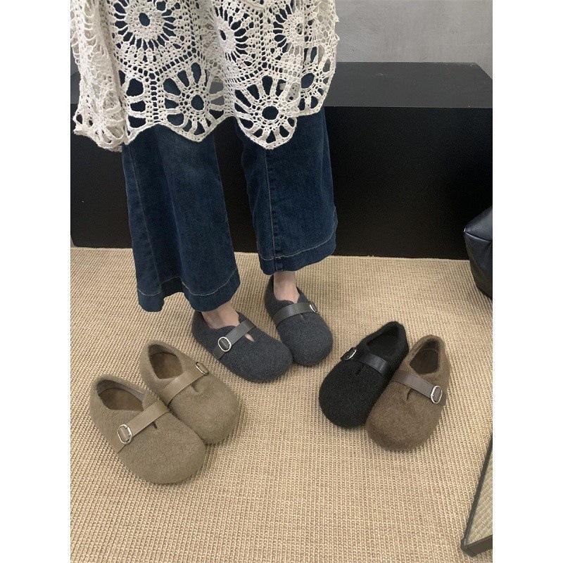 Ugly cute Birkenstock shoes children's velvet cotton shoes autumn and winter Mori round head belt buckle inner height-increasing Doudou shoes
