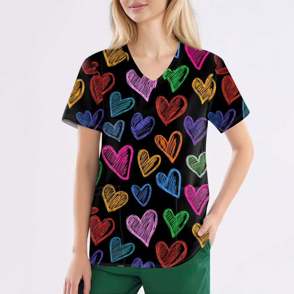 Damenmode V-Ausschnitt Kurzarm Overalls mit Taschen Print Tops Kleidung