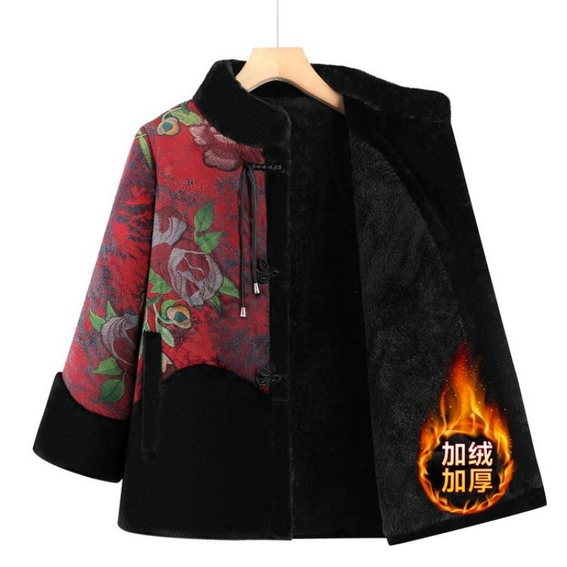 Grandma winter padded jacket with velvet to keep warm old lady Tang coat thick elderly winter clothes