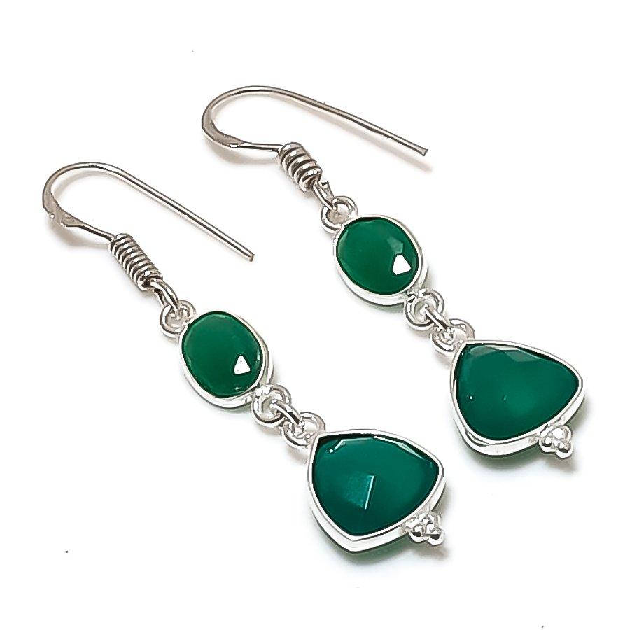 Natural Green Onyx Gemstone Handmade 925 Sterling Silver Earring 1.77 AE-11839