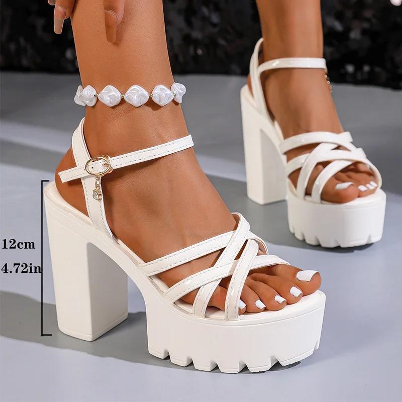 Sandalias de Tacón Super Alto con Tiras Cruzadas de Moda para Mujer Piel Sintética Hebilla en el Tobillo Sandalias de Plataforma Gruesa Tallas Grandes Suela Gruesa Zapatos Gladiador