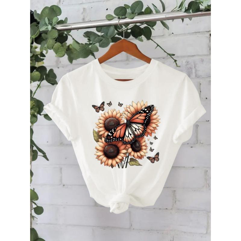 Summer New Short-sleeved Fashion T-shirts Featuring Sunflowers and Butterflies