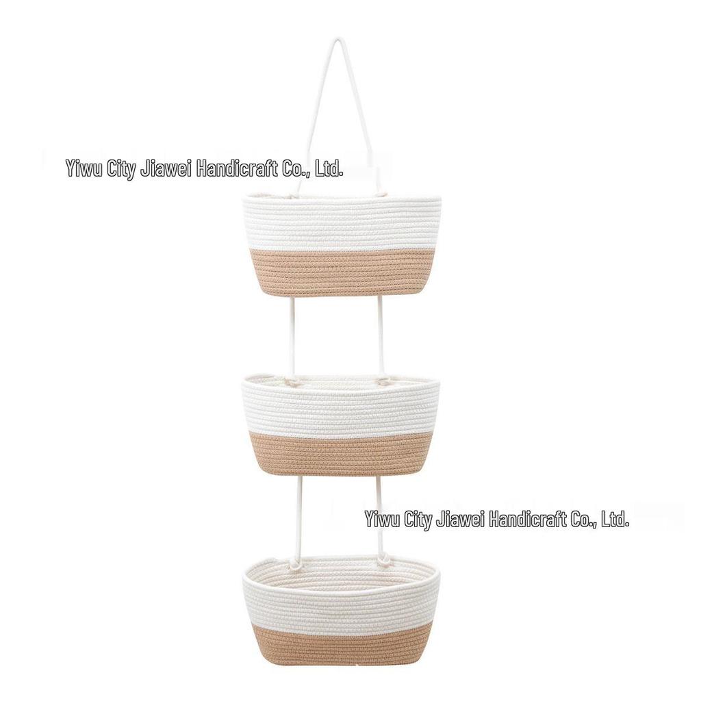 Three-Layer Wall-Mounted Cotton Rope Storage Basket - Decorative Indoor Organizer for Books and Sundries.