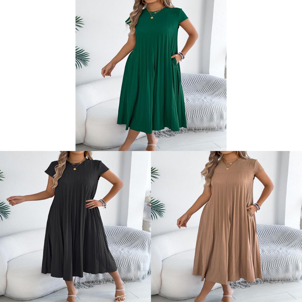 Euro Street Style Short Sleeve Pleated Dress With Pockets For Casual Daily Wear