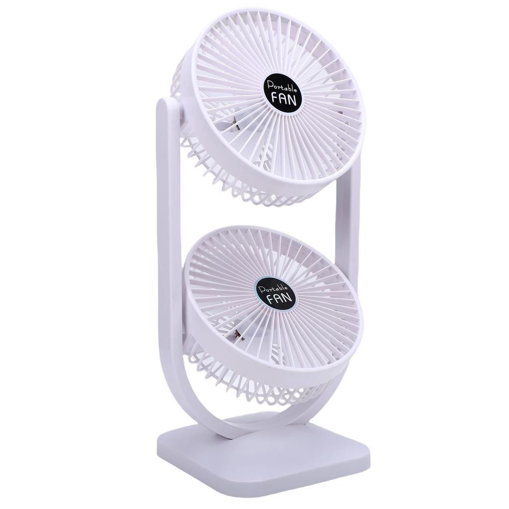 Dual Head Desk Fan USB Rechargeable 3 Speed Portable Electric Floor Fan for Home Office Dorm Travel White