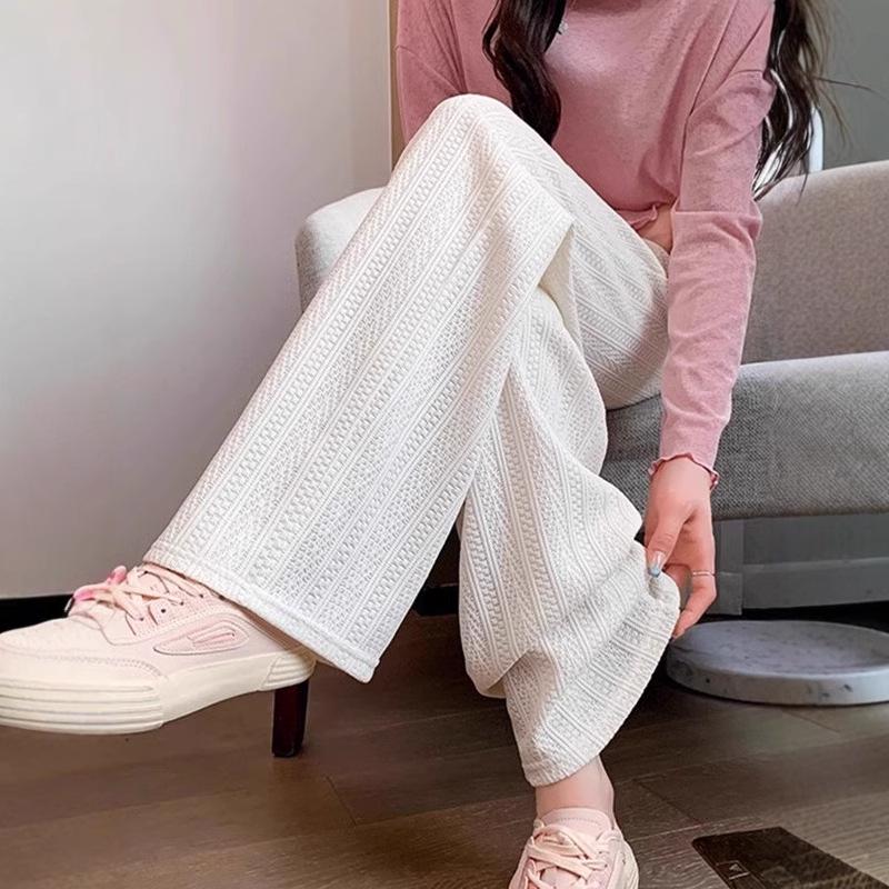 Women's White High Waist Wide-Leg Pants - Spring/Fall/Winter Slimming Knit with Wheat Ear Design.