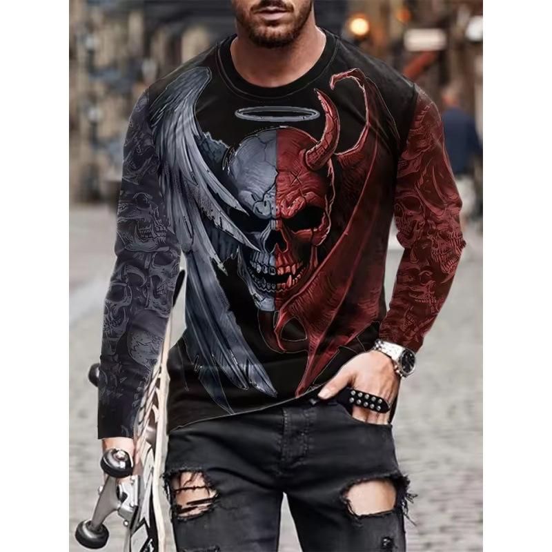 Autumn Round Neck 3D Skull Pattern Printed Top Fashionable Casual Long Sleeved Men's T-shirts