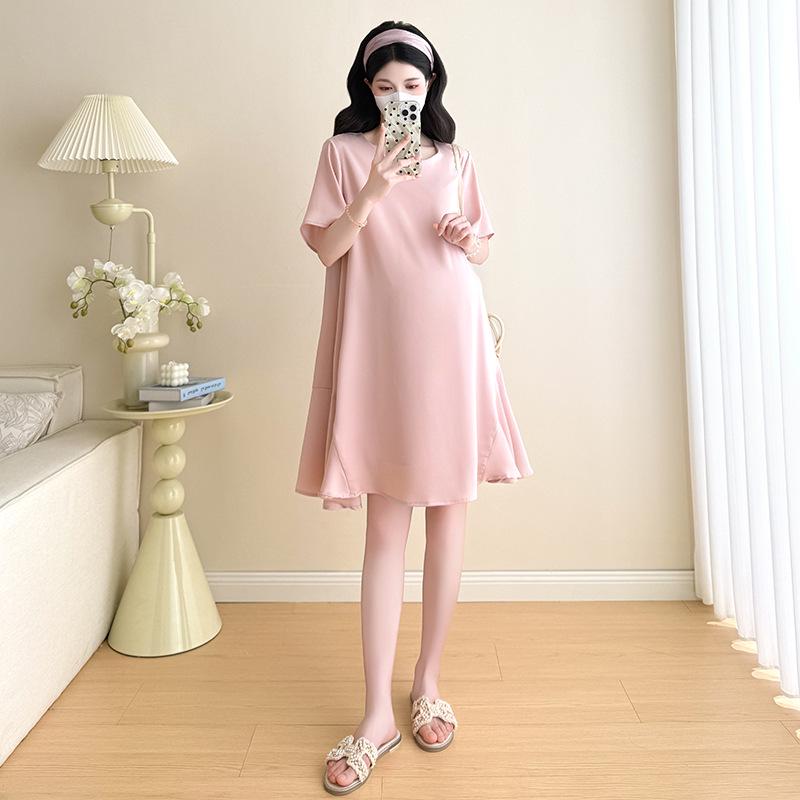 2026 New Summer Pink Plus Size Maternity Short-Sleeve Dress with Skin-Friendly Acetate Fabric M