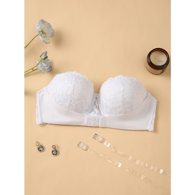 Women's White Lace Strapless Bra with Women's White Lace Strapless Bra with Transparent Straps Push Up Convertible SexyPush Up Convertible Bralette