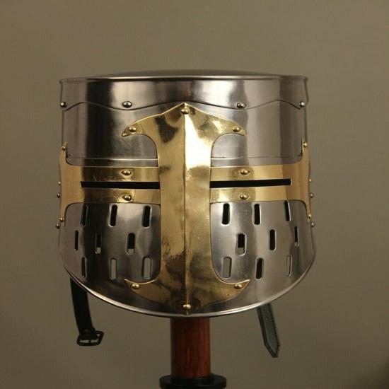 Crusader Helmet Templar Helmet Steel Knight Helmet Medieval Brass Cross Warrior Role Play Wearable Costume Larp Cosplays Gift For Dad Bf