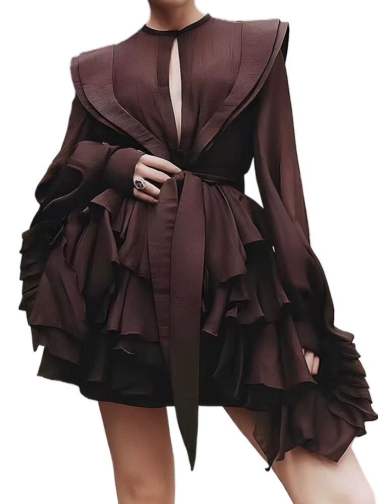 Elegant French Retro Ruffle Dress with Belt & Lantern Sleeves