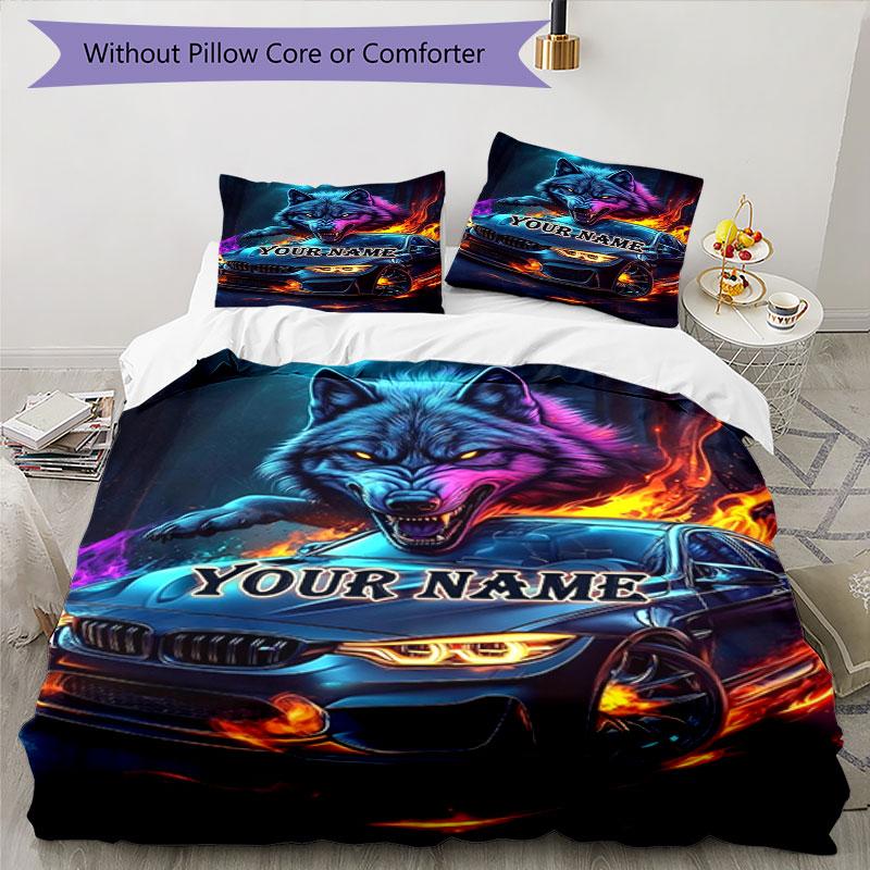 3pcs Custom Name Wolf Car Spirit" Bedding Set Printed Bedding Set Duvet Cover Closure Includes 1 Duvet Cover & 2 Pillowcases Bedroom Decor