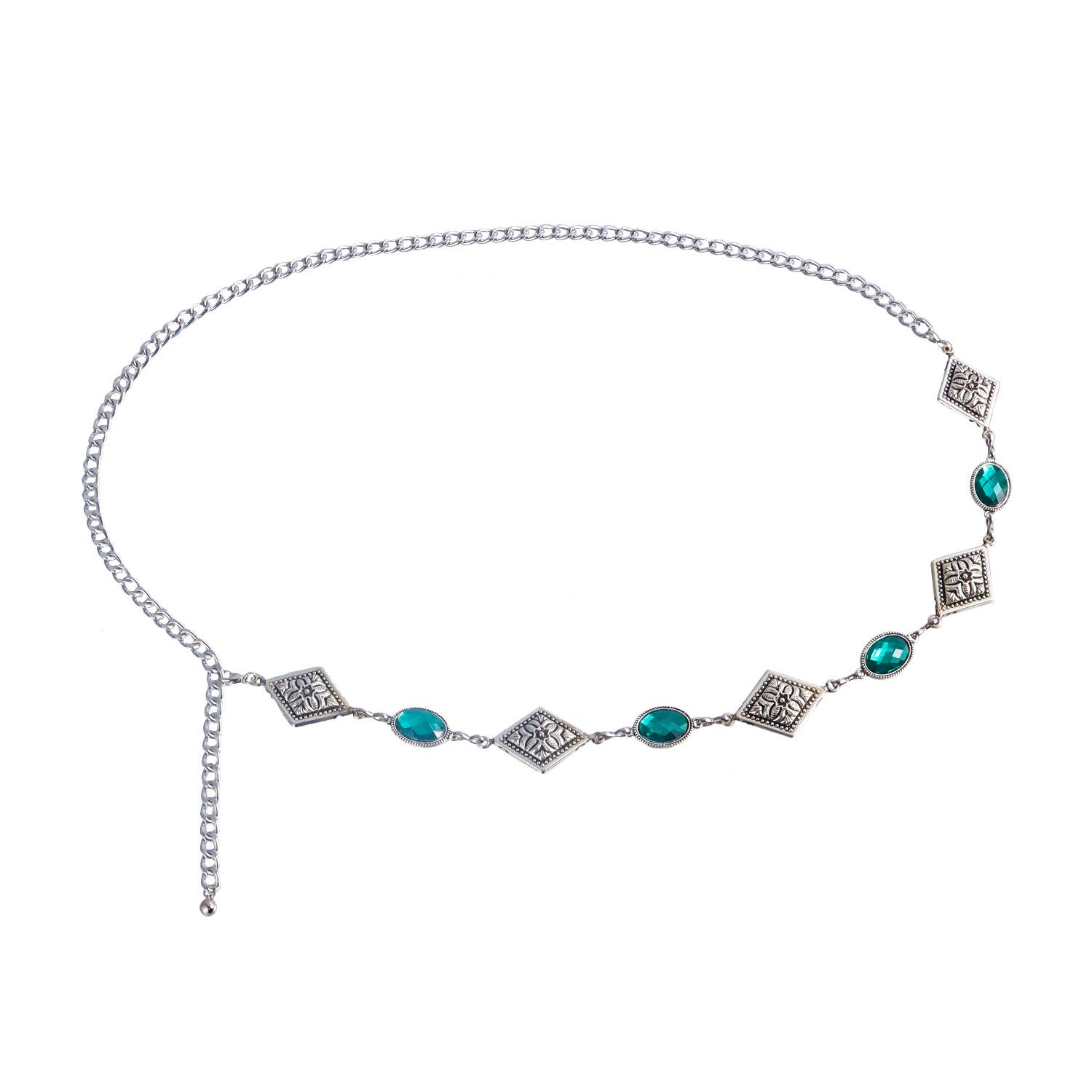 Rhombus acrylic green agate imitation diamond waist chain, aluminum chain metal body chain