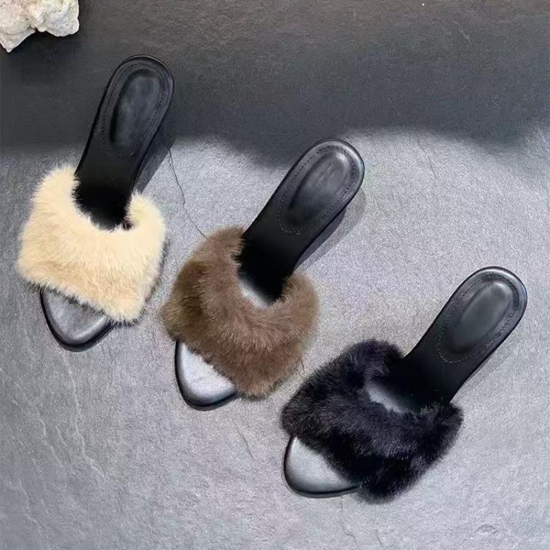Fashion High Heel Women Fluffy Slippers Fashion Pointed Toe Elegant Shoes 2025 New Autumn Slingback Dress Pumps Party Zapatillas Mujer