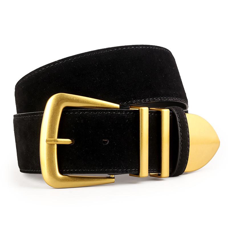 Womens Genuine Suede Leather Belt With Pin Buckle For Casual Office Or Leisure Looks Black