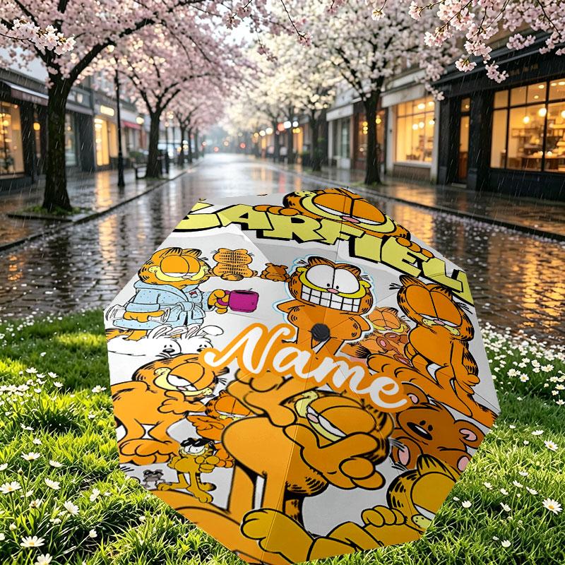 Personalisierter Garfield-Druckschirm mit individuellem Namen, Automatisches Öffnen und Schließen, Stabiler 8-Rippen-Rahmen, Für Pendeln, Camping, Wandern, Geburtstagsgeschenk