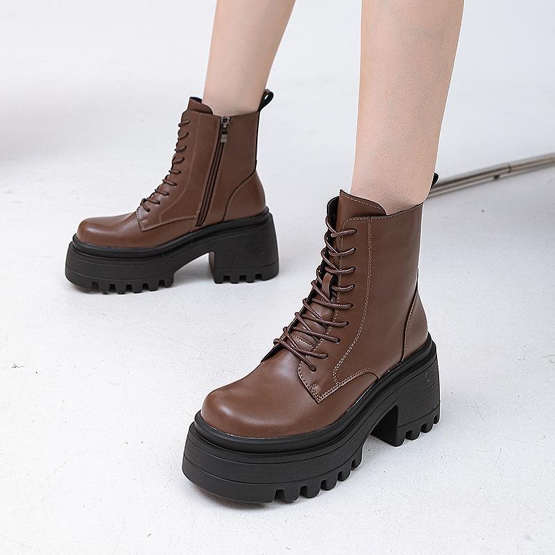 Retro Martin Stiefel Herbst und Winter neu 2025 Damen Lederstiefel einfarbig schlichte Mode dicksohlige mittelhohe Stiefel runde Spitze Lederstiefel