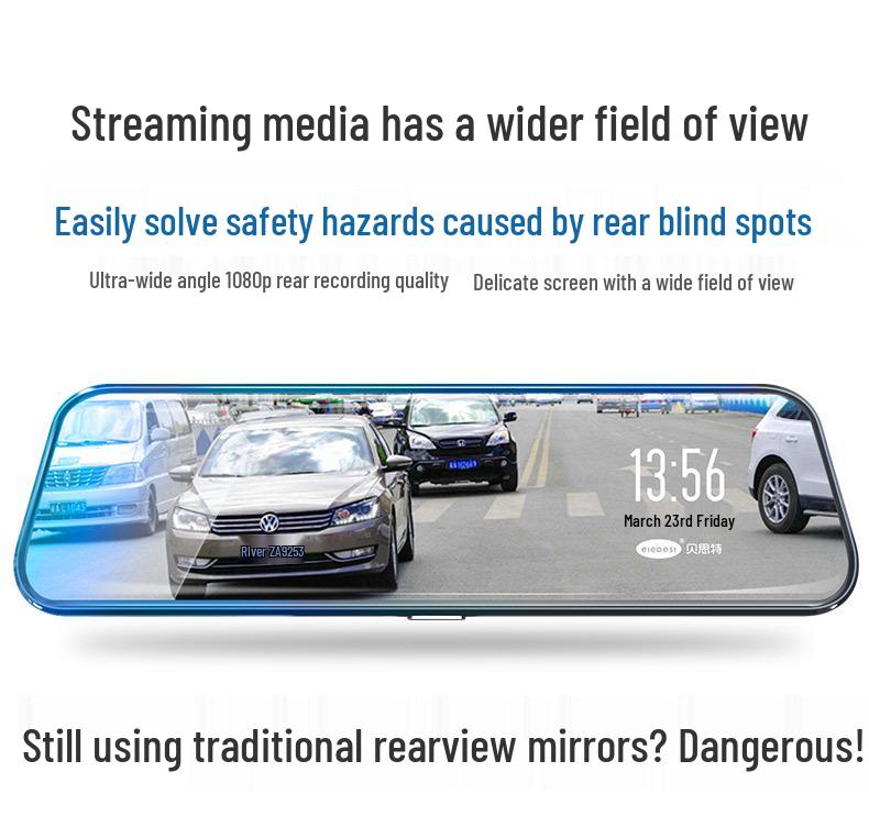 10" HD Dash Cam with Night Vision & Reversing Camera - New Streaming Media Rearview Mirror Recorder.