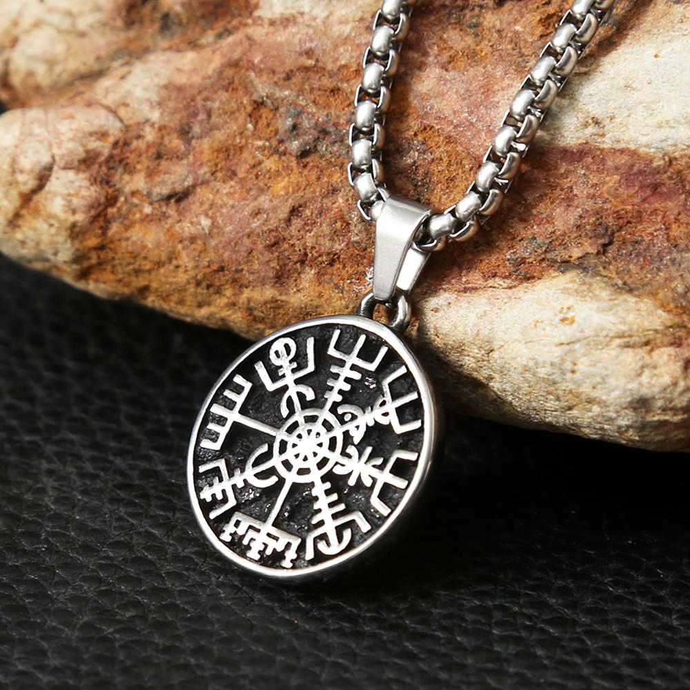 New Small Size Fashion Viking Compass Pendant Stainless Steel Nordic Odin Rune Necklace for Men Women Amulet Jewelry