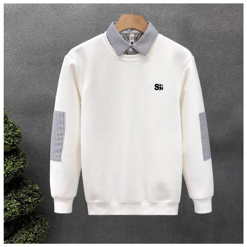 Men's Fake Two-Piece Sweatshirt Striped Shirt Collar Knit Pullover Casual Long Sleeve Top For Daily Wear