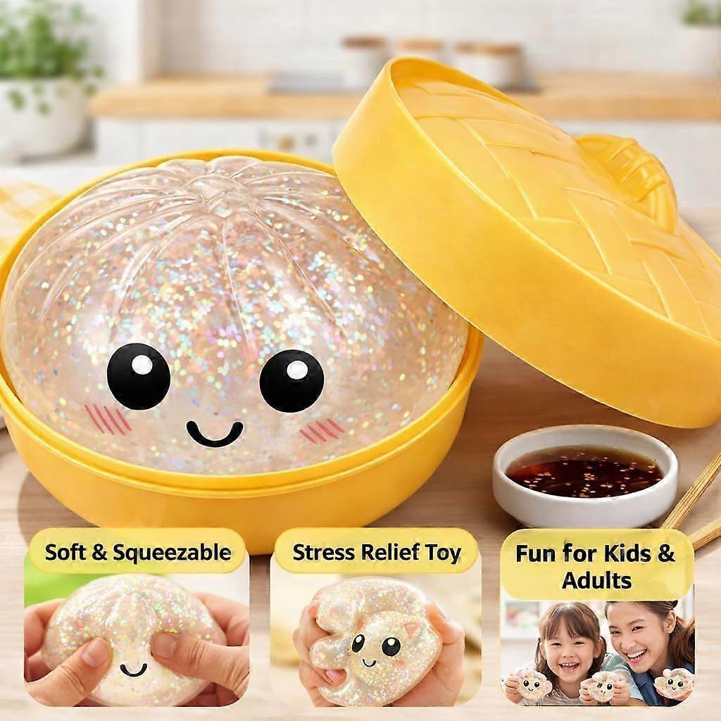 Gigantyczny Brokatowy Pierożek Squishy Piłeczka Antystresowa 4 cale Złoty Błyszczący Wzór Bułeczki z Pojemnikiem do Gotowania na Parze, Miękka Ściskana Zabawka Fidget do Łagodzenia Lęku, Idealna do
