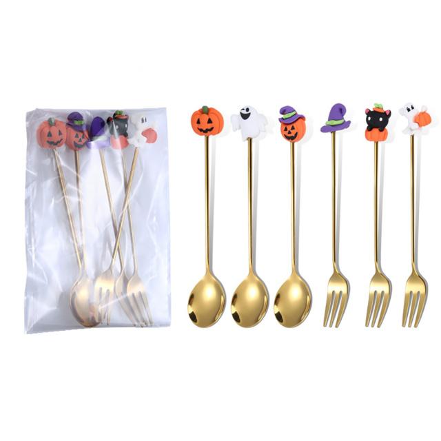 Halloween Cartoon Edelstahl Besteckset Löffel und Gabel Set mit dekorativen Griffen Kürbis & Geist Designs für den Heimgebrauch