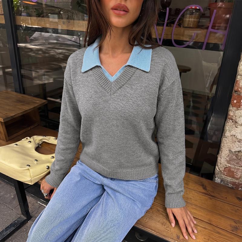 2026 Autumn/Winter Color Block Two-Piece Style Knit Sweater with Lapel and Long Sleeves