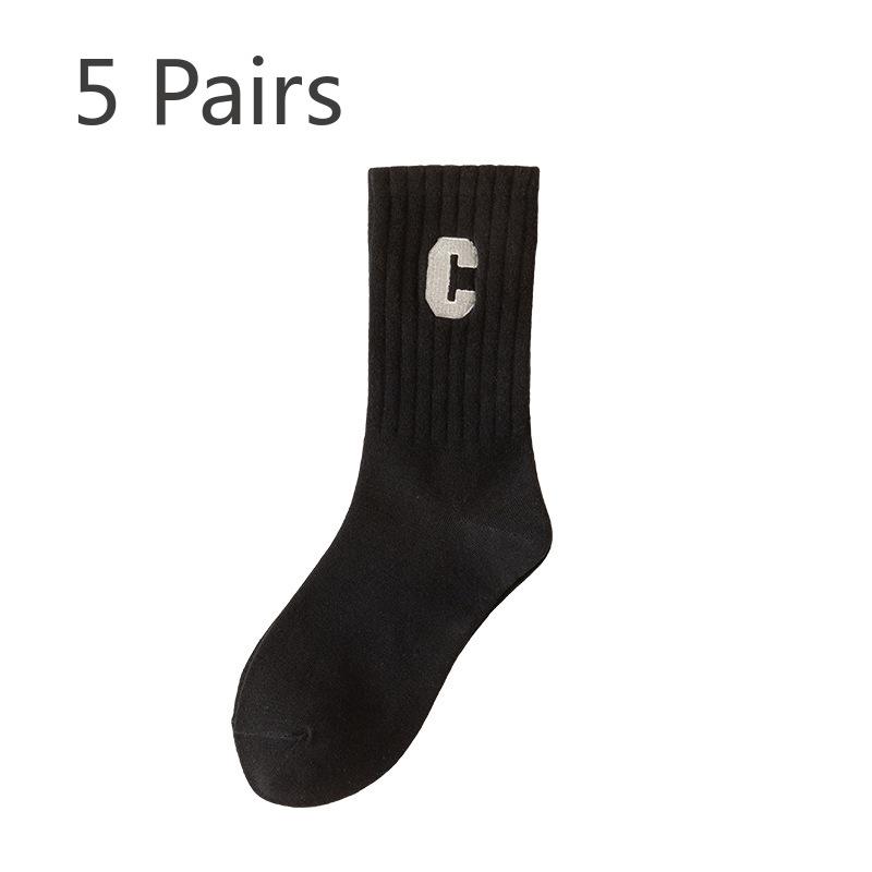 5 Pairs of Female Spring and Autumn Embroidered Letters Solid Color Street Sports Cotton Socks