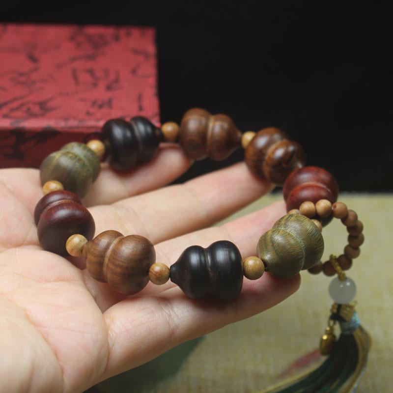 Green Sandalwood & Black Ebony Multi-Treasure Gourd Bracelet Fu Lu Buddhist Prayer Beads Jewelry Gift