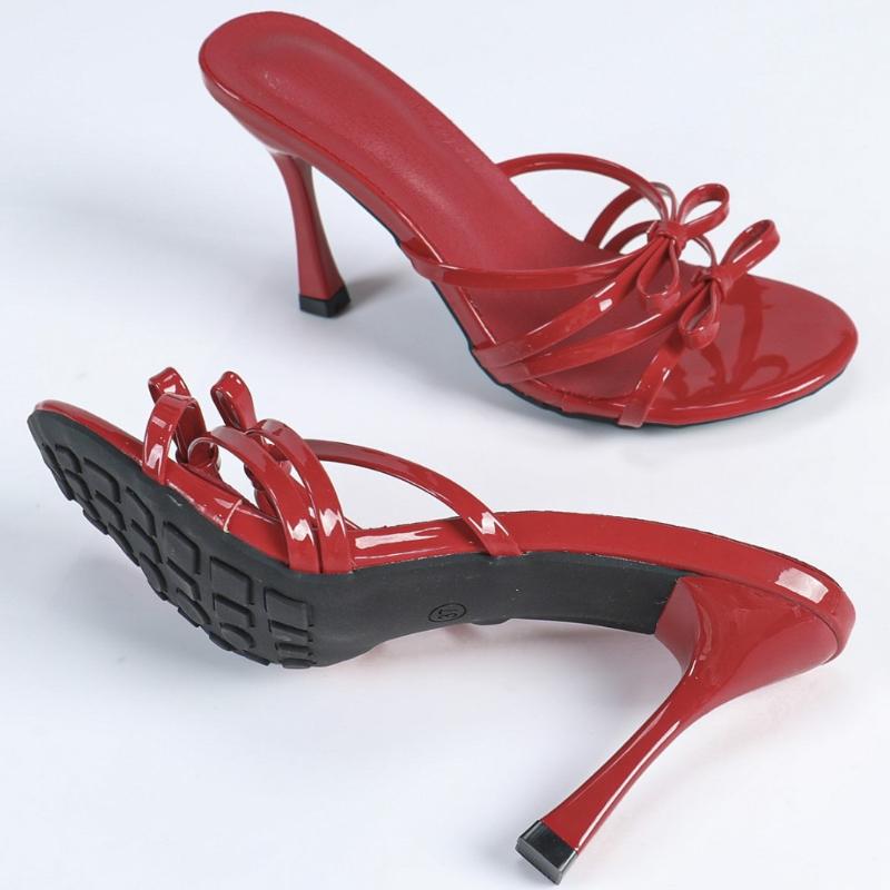 

Модные женские сандалии из лакированной кожи высокого качества с бантом, с круглым носком, с открытым носком, на тонком каблуке, шлепанцы, модная удобная обувь на каблуке для женщин 35 красный