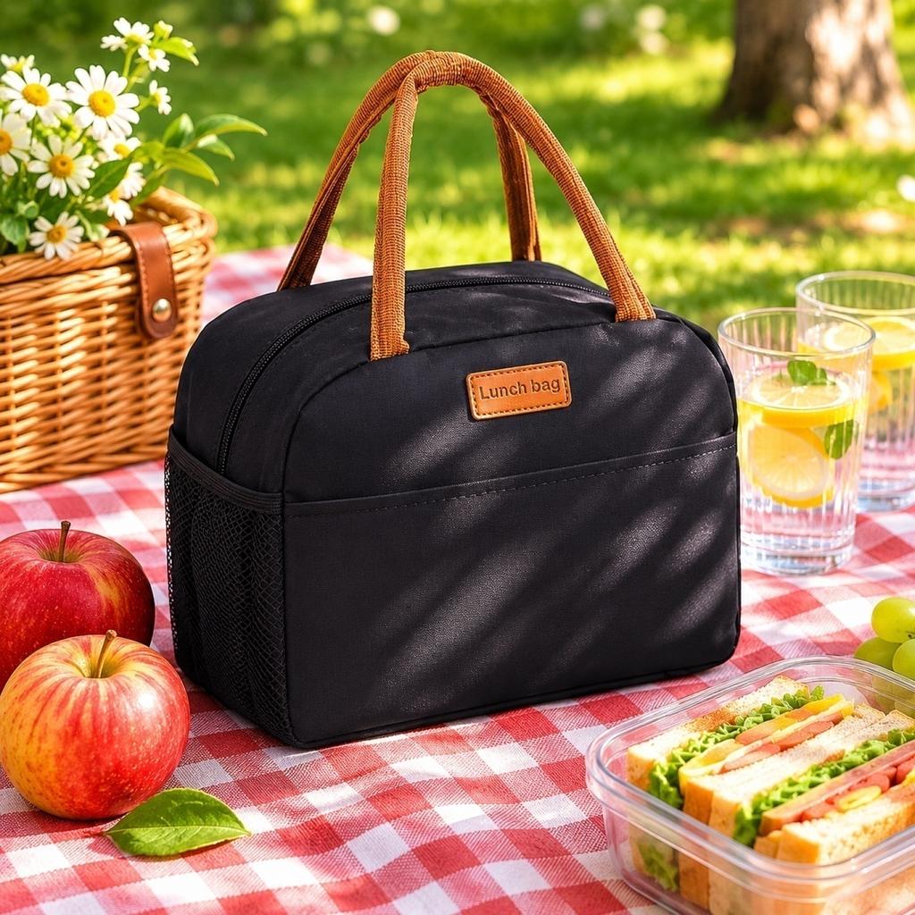 Fabric Portable Foldable Lunch Bag with Dual Handles Mesh Side Pocket Zipper Closure for Daily Use Travel Work School Picnic