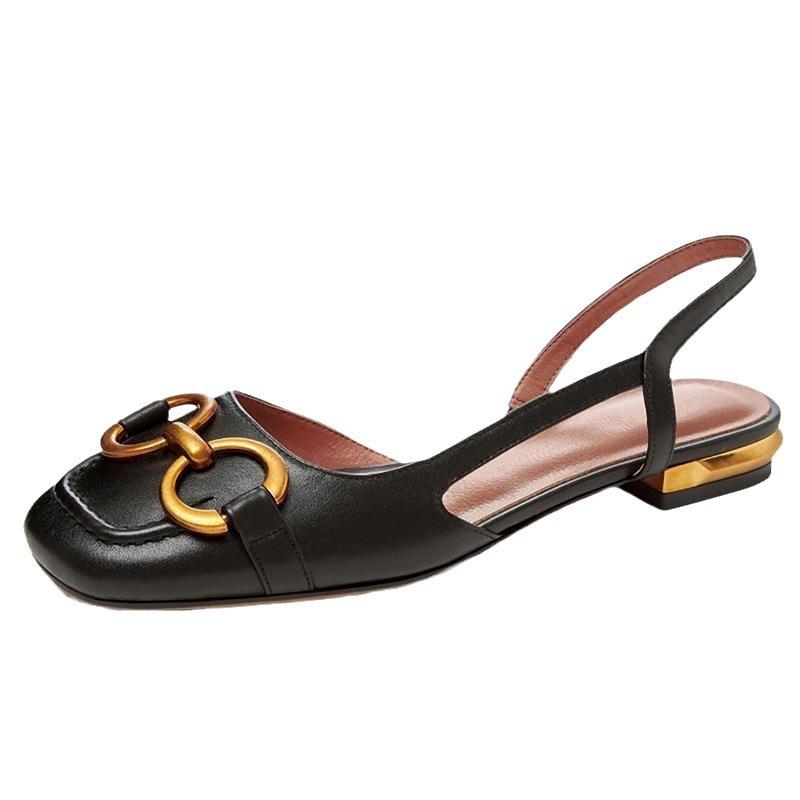 Baotou Back Empty Strap Sandals Women's Spring and Summer 2025 New Fashion Metal Buckle Low Thick Heel Square Head Single Shoes